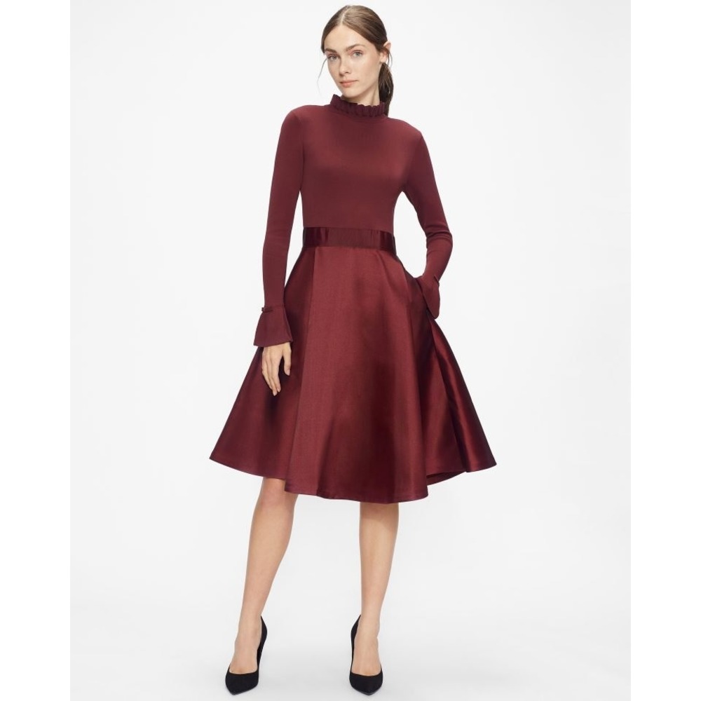 Ted Baker Zadi Dress Women Size 2 Maroon Excellent Ruffle Neck Knit Skirt Midi